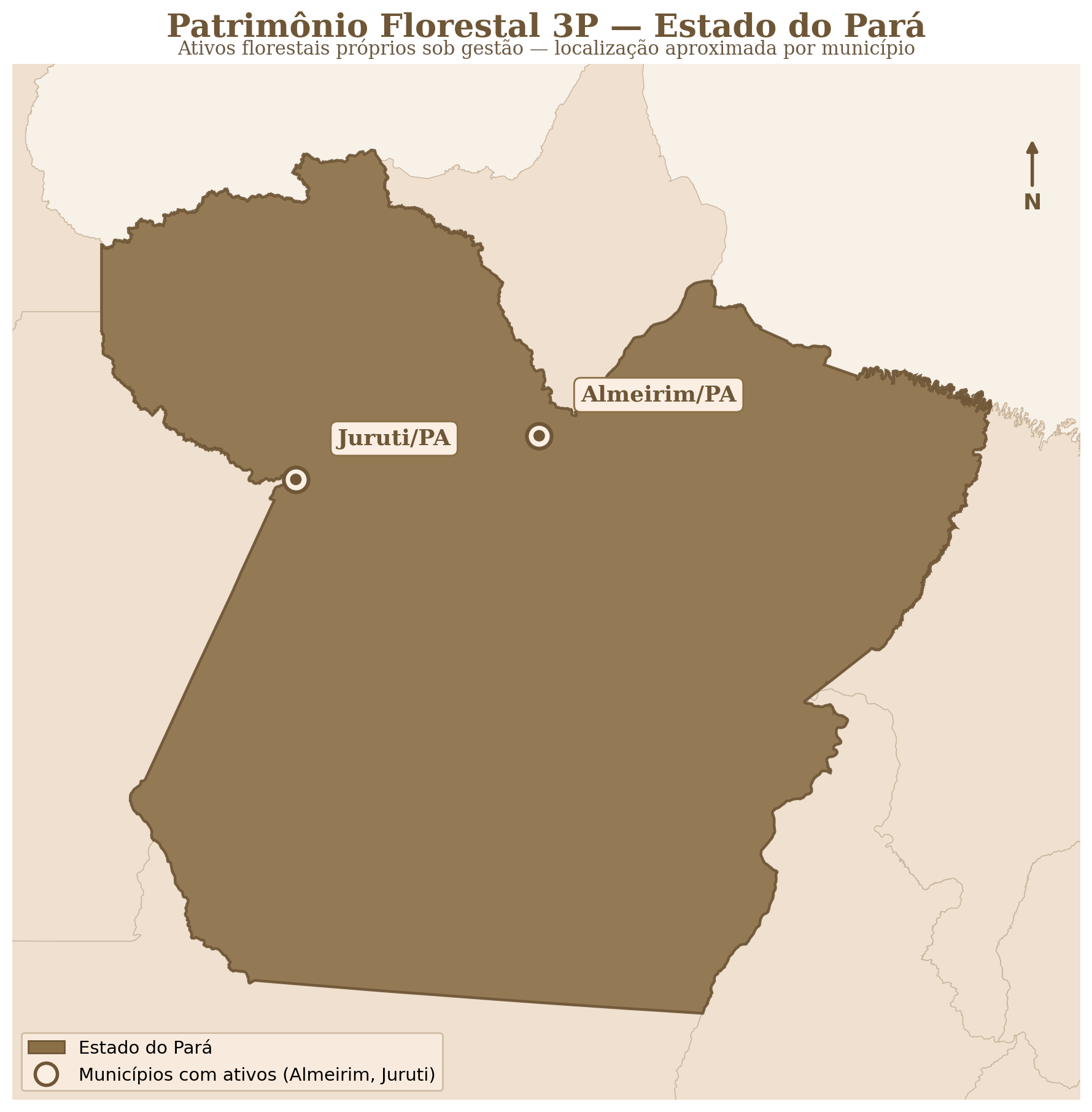Estado do Pará — ativos florestais da 3P por município (Almeirim e Juruti)