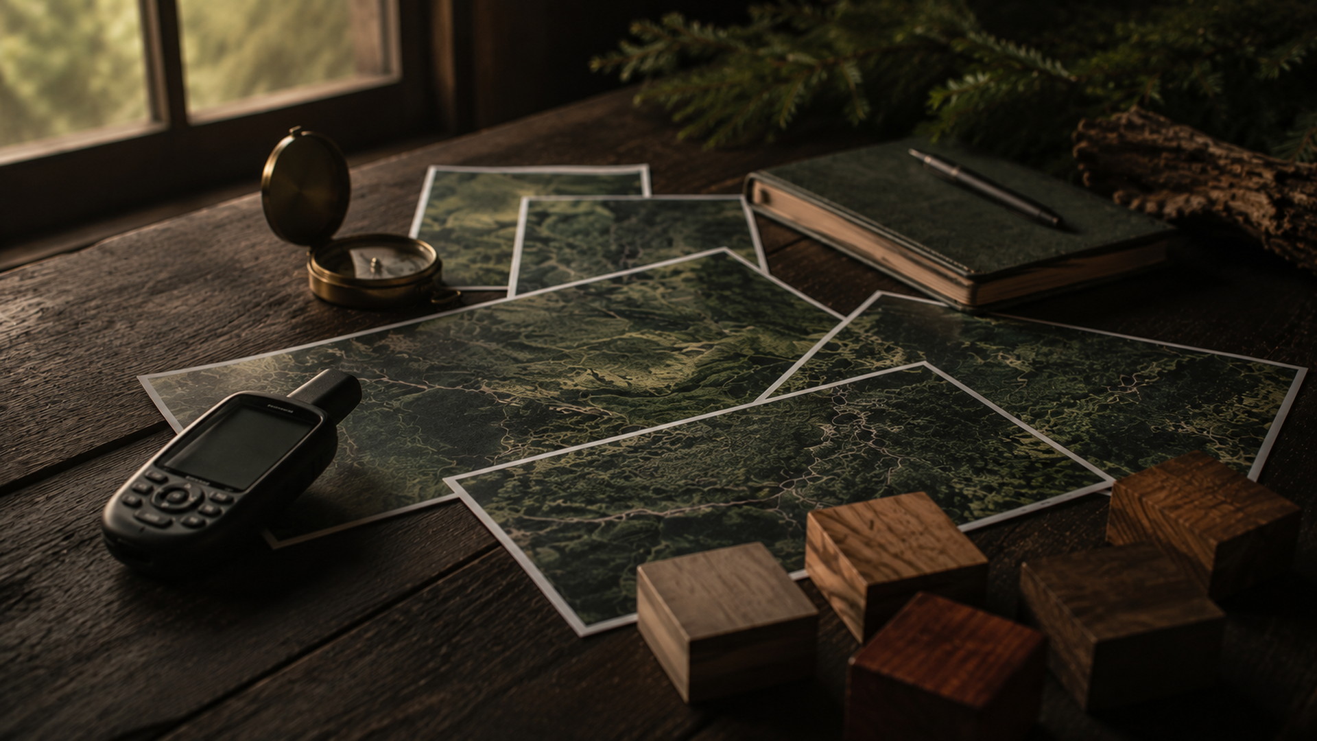 Mesa de madeira com mapas de propriedades florestais, bússola, GPS e amostras de madeira