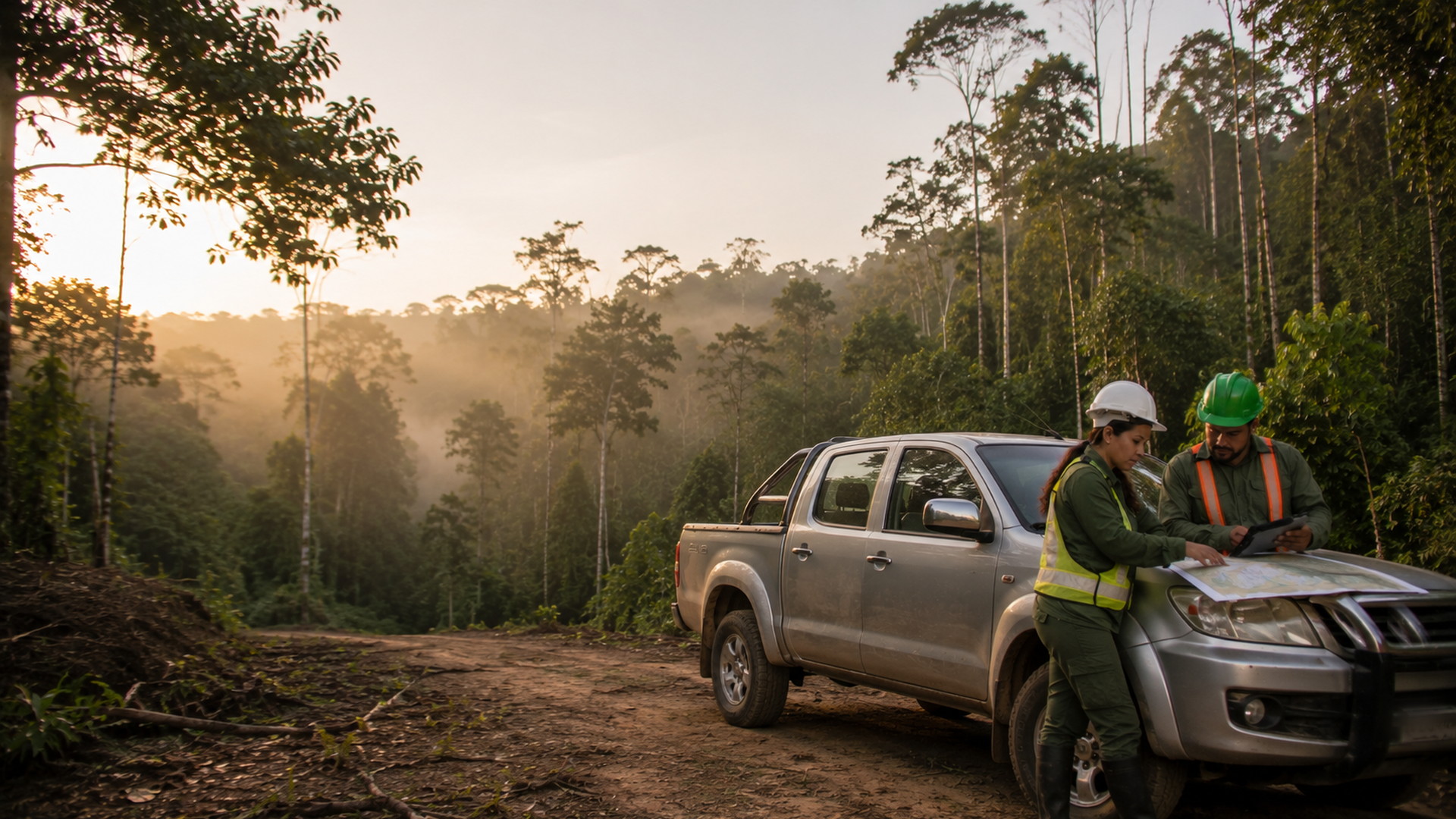 Equipe de manejo florestal analisando mapa sobre o capô de uma picape em estrada na floresta amazônica