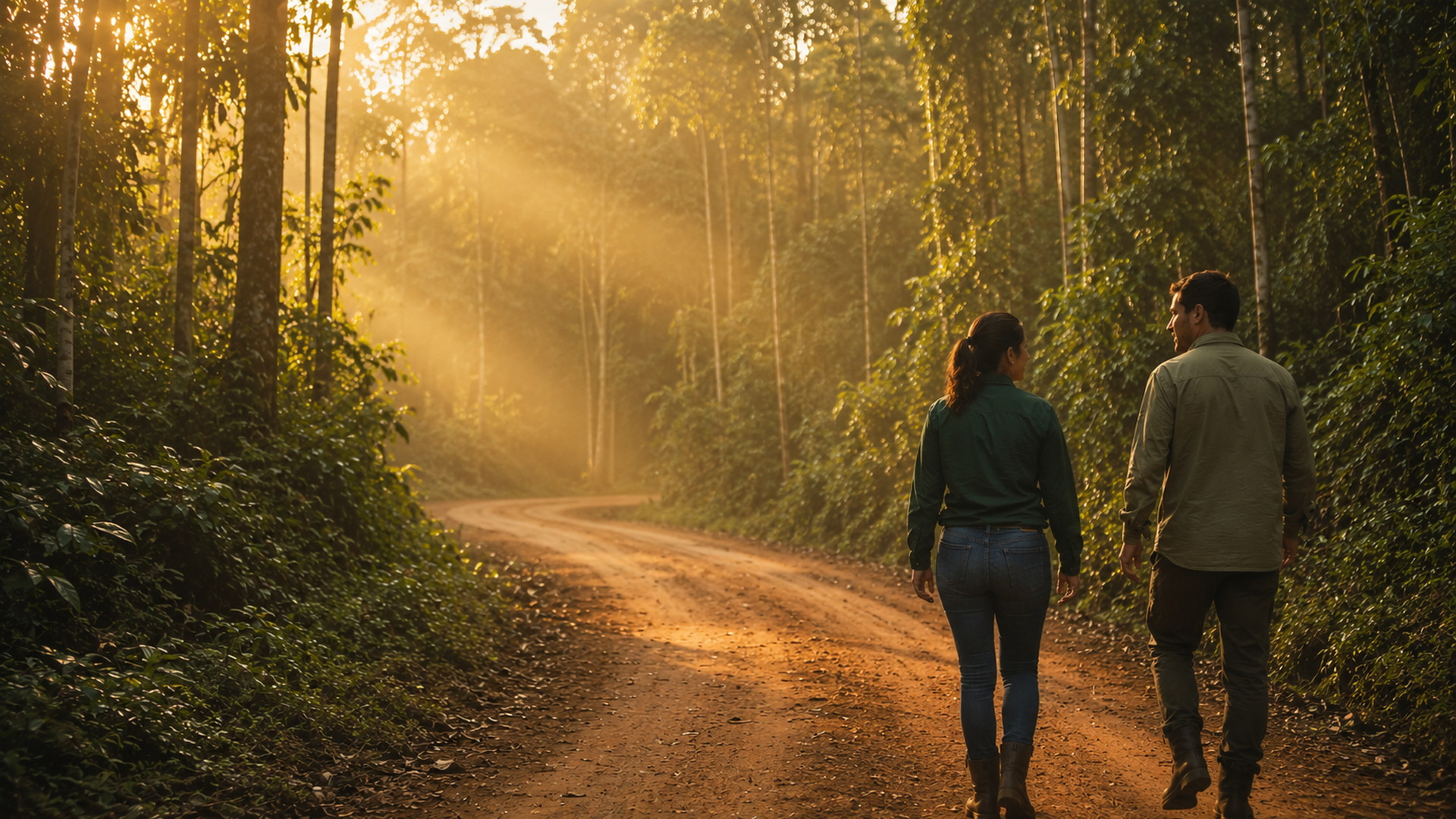 Two forestry professionals walking and talking on a forest management road at dawn