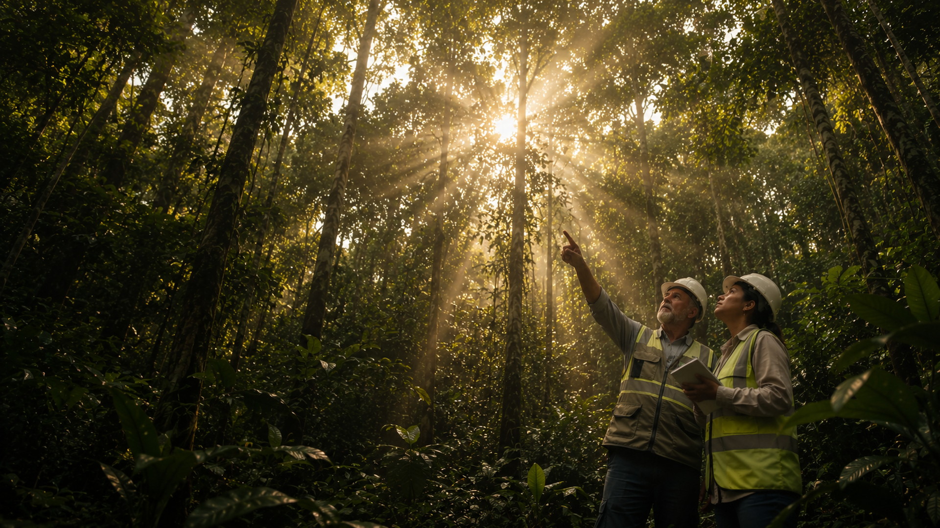 Engenheiros florestais observando o dossel da floresta amazônica ao amanhecer