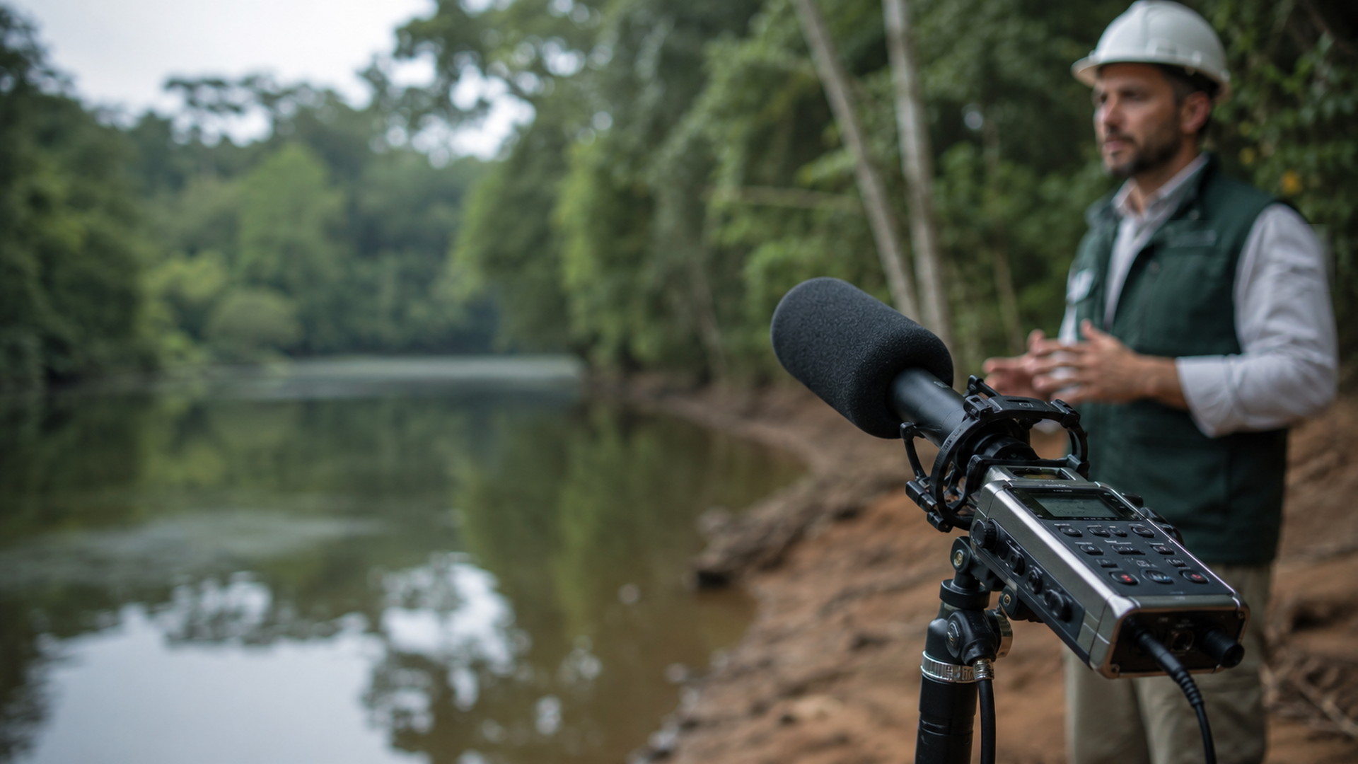 Gravador e microfone preparados para entrevista em campo na floresta amazônica